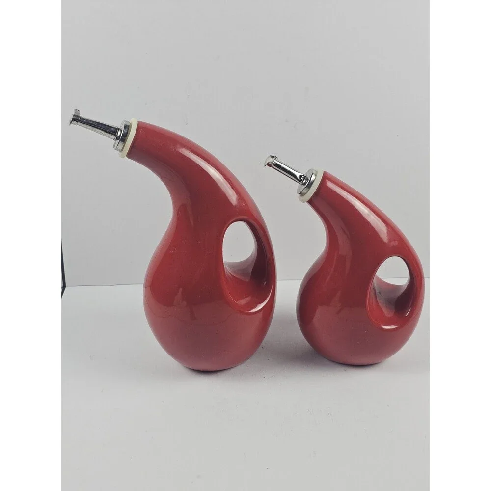 Rachael Ray Red EVOO Oil & Vinegar Dispenser Set Ceramic Cruet Pair